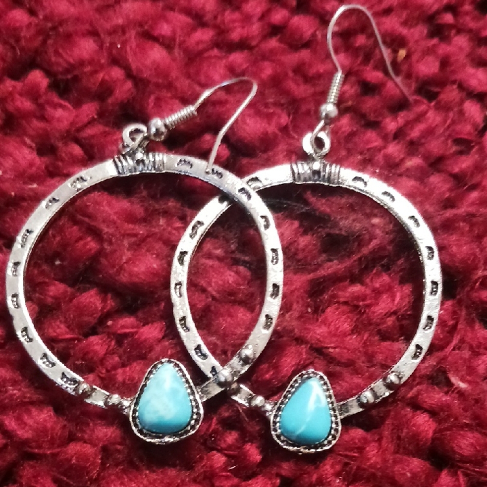 Turquoise and Silver Teardrop Hoop Earrings